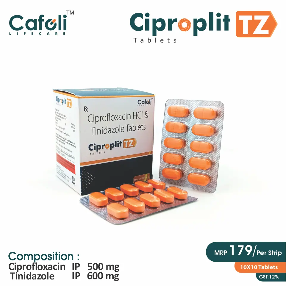 Ciprofloxacin 500mg + Tinidazole 600mg Tablet at Best Price in PCD Pharma Franchise for Antibiotics and Bacterial Infections.